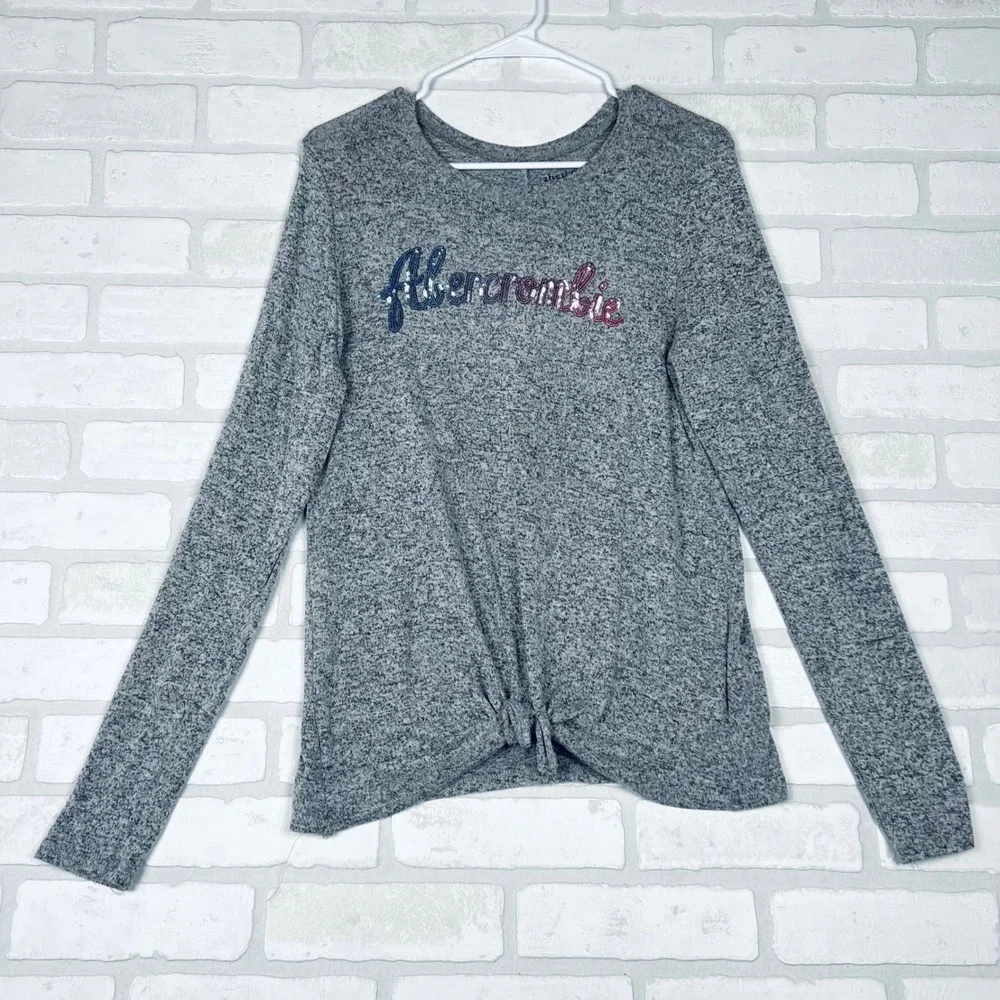 Abercrombie Kids Girls Gray Heathered Sequin Logo Tie Front Top Size 15/16